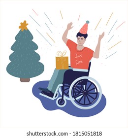 Disabled person in a wheelchair celebrates new year, Christmas, birthday. Vector illustration
