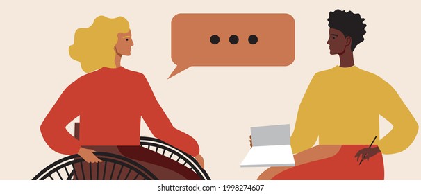 A disabled person in a wheelchair in consultation with a psychologist. Flat vector stock illustration. Consultation with a psychotherapist. Psychological assistance to inclusive person