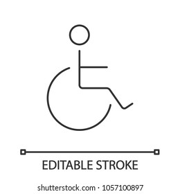 Disabled person in wheelchair linear icon. Thin line illustration. Service for people with disabilities. Handicap. Contour symbol. Vector isolated outline drawing. Editable stroke