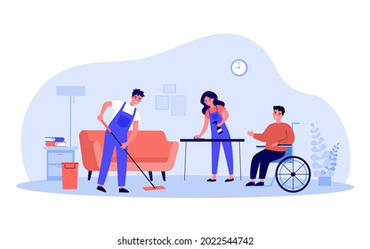 Disabled person in wheelchair using services of cleaning company. Flat vector illustration. People in special uniforms professionally cleaning house. Cleanliness, service, help, disability concept