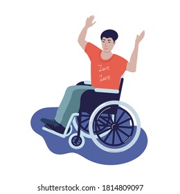 Disabled person in a wheelchair. Young disabled guy puts his hands up. Vector illustration