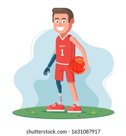 A disabled person without legs and arms uses prostheses and plays basketball. Flat character vector illustration.