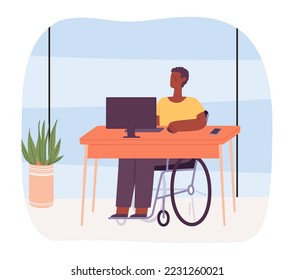 Disabled person at work. Male character on wheelchair sitting at desk with computer and working. Office worker doing job, inclusive concept. Cartoon employee with disability vector illustration