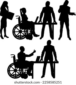 Disabled person worker. Vector silhouette. Silhouette of a disabled man and woman in a wheelchair and his colleague at work