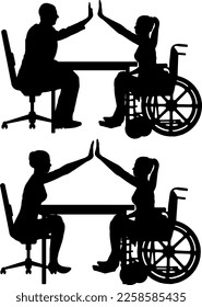 Disabled person worker. Vector silhouette of a woman disabled in wheelchair and a colleague doing the hand gesture high five