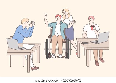 Disabled person working at office concept. Young girl with man on wheelchair, male colleagues sitting at table, working with laptops and drinking coffee at workplace. Simple flat vector