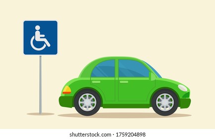 A disabled person's car is parked near a traffic sign - parking for disabled people. Handicapped parking place. Vector illustration, flat design, cartoon style, isolated background.