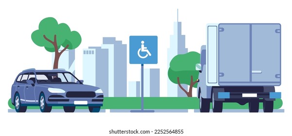Disabled persons car is parked near parking sign for handicap. Handicapped auto owners. Male in wheelchair driving automobile. City accessibility. Driver with