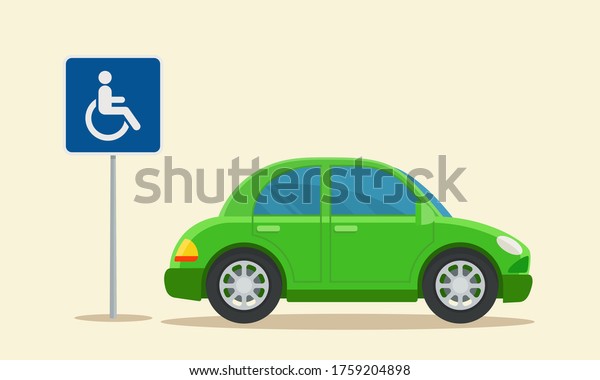 A\
disabled person\'s car is parked near a traffic sign - parking for\
disabled people. Handicapped parking place. Vector illustration,\
flat design, cartoon style, isolated\
background.