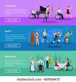 Disabled persons full life online information 3 flat horizontal banners set webpage design abstract isolated vector illustration