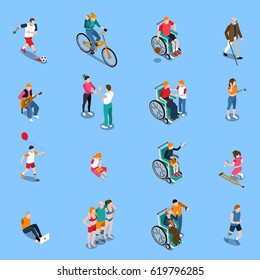 Disabled Persons Isometric Set With Adults And Kids In Different Activities Including Sports Music Isolated Vector Illustration