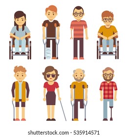 Disabled persons vector flat icons. Disabled in wheelchair, disability character young illustration.