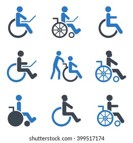 Disabled Persons vector icon set. Style is bicolor smooth blue flat symbols isolated on a white background.