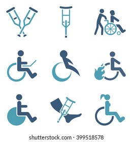 Disabled Persons vector icon set. Style is bicolor cyan and blue flat symbols isolated on a white background.