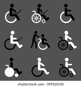 Disabled Persons vector icon set. Style is bicolor black and white flat symbols isolated on a gray background.