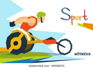 Disabled Race Athlete Wheel Chair Sport Competition Flat Vector Illustration