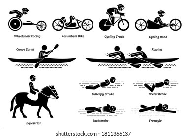 Los deportes de carreras con discapacidad y los juegos para atletas con discapacidad son íconos. Símbolos vectoriales de las actividades de carreras en silla de ruedas, ciclismo, remo, equitación y natación para personas con discapacidad. 