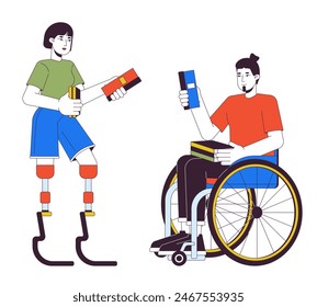 Disabled readers 2D linear cartoon characters. Asian woman with prosthesis legs and wheelchaired caucasian man isolated line vector people white background. Diversity color flat spot illustration