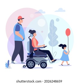 Disabled rehabilitation concept illustration, wheelchair person spending time with family,  flat vector