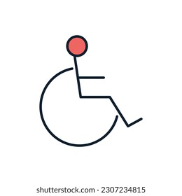 Disabled related vector line icon. Disabled person in wheelchair linear icon. Service for people with disabilities. Isolated on white background. Vector illustration. Editable stroke