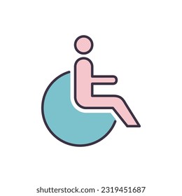 Icono de línea vectorial relacionado desactivado. Persona inhabilitada en icono lineal de silla de ruedas. Servicio para personas con discapacidad. Handicap. Aislado sobre fondo blanco. Ilustración vectorial. Trazo editable