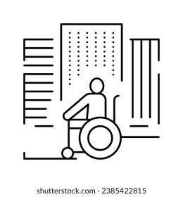 disabled riding wheelchair in city line icon vector. disabled riding wheelchair in city sign. isolated contour symbol black illustration