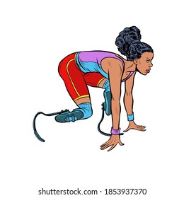 disabled runner black woman. Pop art retro illustration kitsch vintage 50s 60s style