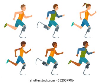 Disabled runner vector flat illustration set. Athletes with handicap. Man and woman sportsmen with leg prosthesis.