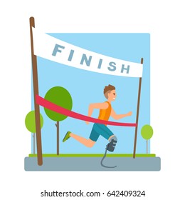 Disabled runner vector illustration. Athlete with handicap. Man sportsmen with leg prosthesis. Boy reaches finish, red ribbon in marathon. Poster of finishing the line. Background with sky, trees.