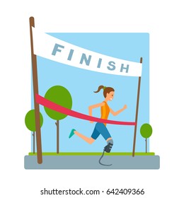 Disabled runner vector illustration. Athlete with handicap. Woman sportsmen with leg prosthesis. Girl reaches finish, red ribbon in marathon. Poster of finishing the line. Background with sky, trees.