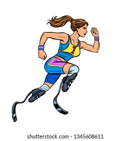 disabled runner woman with leg prostheses running forward. sports competition. Pop art retro vector illustration vintage kitsch