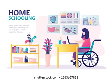 Disabled schoolgirl studying at laptop from home. Social adaptation of people with disabilities. Concept of homeschooling and online education. Kid room interior design. Flat vector illustration