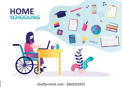 Disabled schoolgirl studying at laptop. Social adaptation of people with disabilities. Female student in wheelchair. Homeschooling or online learning. Accessibility of education for all. Flat vector