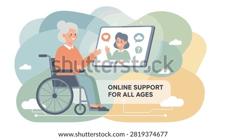 Disabled senior lady in a wheelchair having a friendly video call with an online support worker on a digital tablet.