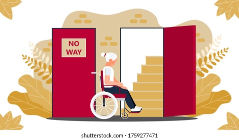 Disabled Senior Woman In Wheelchair And Looking At Open Door And Stairs. Lack Of Ramp, Conditions, Accessible Environment For Invalids. Social Problem And Assistance For Old People. No Way Vector.