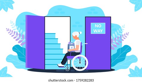 Disabled senior woman in wheelchair and looking at open door and stairs. Lack of ramp, conditions, accessible environment for invalids. Social problem and assistance for old people. No way vector.