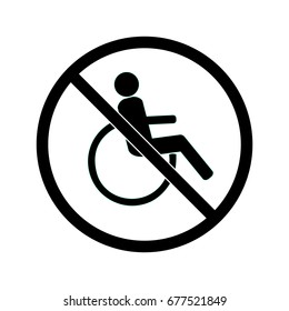 Disabled sign in black circle. Mark disability. Icon a place open passage. Symbol paralyzed and human on wheelchair. Safety person warning handicapped illustration. Design element. Vector illustration