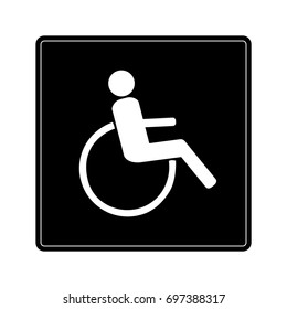 Disabled sign in black square. Mark disability. Icon a place open passage. Symbol paralyzed and human on wheelchair. Safety person warning handicapped illustration. Design element. Vector illustration