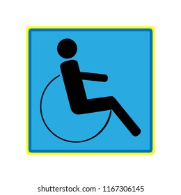 Disabled sign in blue square. Mark disability. Icon a place open passage. Symbol paralyzed and human on wheelchair. Safety person warning handicapped illustration. Design element. Vector illustration.