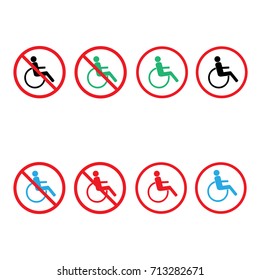 Disabled sign in circle set. Mark disability. Icon a place open passage. Symbol paralyzed and human on wheelchair. Safety person warning handicapped illustration. Design element. Vector illustration