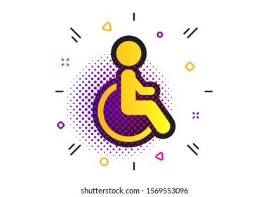Disabled sign icon. Halftone dots pattern. Human on wheelchair symbol. Handicapped invalid sign. Classic flat disabled icon. Vector