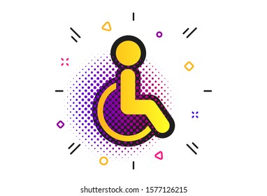 Disabled sign icon. Halftone dots pattern. Human on wheelchair symbol. Handicapped invalid sign. Classic flat invalid icon. Vector