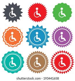 Disabled sign icon. Human on wheelchair symbol. Handicapped invalid sign. Stars stickers. Certificate emblem labels. Vector