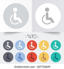 Disabled sign icon. Human on wheelchair symbol. Handicapped invalid sign. Round 12 circle buttons. Shadow. Hand cursor pointer. Vector