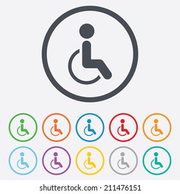 Disabled sign icon. Human on wheelchair symbol. Handicapped invalid sign. Round circle buttons with frame. Vector