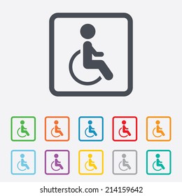 Disabled sign icon. Human on wheelchair symbol. Handicapped invalid sign. Round squares buttons with frame. Vector