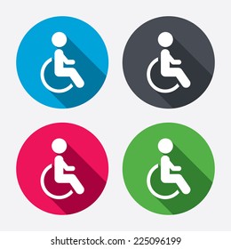 Disabled sign icon. Human on wheelchair symbol. Handicapped invalid sign. Circle buttons with long shadow. 4 icons set. Vector