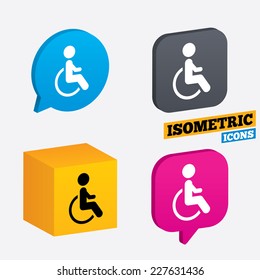 Disabled sign icon. Human on wheelchair symbol. Handicapped invalid sign. Isometric speech bubbles and cube. Rotated icons with edges. Vector
