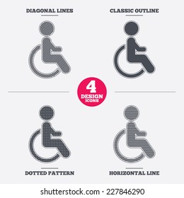 Disabled sign icon. Human on wheelchair symbol. Handicapped invalid sign. Diagonal and horizontal lines, classic outline, dotted texture. Pattern design icons.  Vector