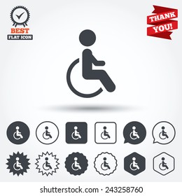 Disabled sign icon. Human on wheelchair symbol. Handicapped invalid sign. Circle, star, speech bubble and square buttons. Award medal with check mark. Thank you ribbon. Vector